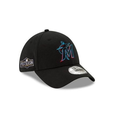 Black Miami Marlins Hat - New Era MLB Postseason Side Patch 39THIRTY Stretch Fit Caps USA2836190